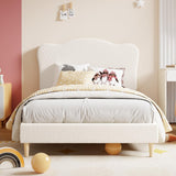 Garvee Upholstered Twin Bed Frame for Kids - Velvet Scallop Headboard, Sturdy Platform with Wooden Slats, No Box Spring Needed, Low Profile, Noise-Free, Ideal for Girls, Boys, Toddlers - WN Beige, TWIN size - Beige