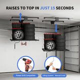 Garvee 4' x 4' Overhead Garage Storage Rack, 350 lb Ceiling Mount Lift with Hand Crank & Drill Adapter, Black