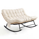 Garvee Double 700 lbs Papasan Rocking Chair for Patio – Oversized Rattan Rocker for 2 with Thick Water-Resistant Cushion – Heavy Duty Indoor Outdoor Garden Lounge Chair – Yellow Rattan + Offbrand Style Cushion, Double - Yellow Rattan + Beige Cushion
