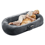 Garvee Orthopedic Soft Faux Fur Human Dog Bed for Adults & Pets – Large 67"x43"x8" Lounger, Plump Pillow, Removable Cover, Handle, Side Pocket, Washable, Bedroom, Office, Deep Blue - Dark Gray (With Pillow)