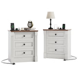 Garvee Farmhouse Rustic Nightstand with Charging Station & 3 Drawers, Roman Column Design 23.62" Wide Wood End Table , White Night Stand Side Table for Bedroom and Living Room - White&Wood-2Pc (3 Drawer)