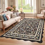 Garvee 9' × 12' Floral Washable Scalloped Area Rug, Non Slip Low Pile Stain Resistant Soft Rug for Living Room Bedroom Dining Room, Black - Black