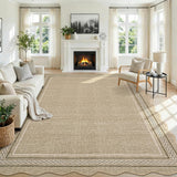Garvee Washable Area Rugs 9x12 Living Room Rug Scalloped Jute Printed Non Slip Soft Bedroom Rugs Low Pile Foldable Large Rug Stain Resistant Carpet for Nursery Dining Room Classroom, Jute - Jute Color