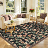 Garvee Washable Floral 6x9 Area Rugs, Vintage Tulip Print Farmhouse Rug for Living Room Bedroom Dining Room, Soft Non Slip Large Indoor Carpet, Low Pile Decorative Rugs for Home Decor, Black - Black