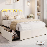 Garvee Queen Upholstered Platform Bed Frame with Bookcase Headboard, 2 Storage Drawers, LED Lights, Velvet Fabric, Noise-Free, Easy Assembly, Ideal for Kids Girls Bedroom - Offwhite, Queen Size - Beige