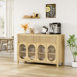 Garvee 55" Large Sideboard Buffet Cabinet with Storage and 2 Fluted Drawer Front, Buffet Table Coffee Bar Storage Cabinet with 4 Glass Doors for Dining Room, Living Room, Kitchen (Natural)