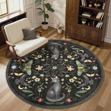 Garvee 5' Round Black Cat Area Rug, Washable Non-Slip Low-Pile Gothic Floral Rug with Moon & Moth Design for Living Room, Bedroom & Nursery - Black