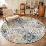 Garvee 6' Round Moroccan Area Rug, Vintage Distressed Trellis Washable Non-Slip Low-Pile Rug for Living Room & Bedroom, Blue/Yellow - Blue/Yellow