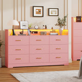 Garvee 9 Drawer Dresser for Bedroom with Open Shelf, 65" Wide Chest of Drawers with Large Storage Space and Charging Station, Modern Organizer Cabinet Table for Living Room, Hallway, Pink - Pink