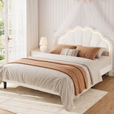 Garvee Elegant Upholstered Velvet Platform Bed Frame - Adjustable Seashell Headboard - LED Lighting - Under Bed Storage - Queen Size, White - White