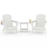 Garvee 3-Piece Folding HDPE Adirondack Chair Set, 2 Outdoor Chairs with Cup Holders & Side Table, White - White