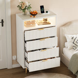 Garvee 4 Drawers Dresser for Bedroom, 28" w Wooden Dresser with LED Lights and Charging Station, Fluted Wood TV Stand with Gold Handle, Modern Chest of Dressers for Closet, Living Room, Hallway, White - White