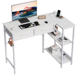 Garvee L Shaped Office Desk with Power Outlet – 2 Drawers, Storage Shelves, Headphone Hook – Space-Saving Computer Table for Home Office or Study – White - White