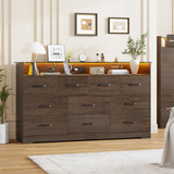 Garvee 10 Drawers Dresser with Open Shelf, 65" Wide Chest of Drawers with Large Storage Space and Charging Station, Modern Organizer Cabinet for Bedroom, Living Room, Hallway, Brown - Brown