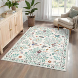 Garvee 8' x 10' Beige Butterfly Garden Floral Area Rug, Washable Non-Slip Low-Pile Carpet for Living Room, Bedroom and Dining Room - Beige