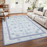 Garvee 9' × 12' Vintage Floral Border Area Rug, Machine Washable Non-Slip Low-Pile Stain-Resistant Rug for Living Room, Bedroom & Nursery, Blue - Blue