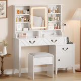 Garvee Vanity Desk with Sliding Mirror & Lights, White Makeup Table with Stool, Retractable Dressing Table with Charging Station, Hair Dryer Rack, Drawers & Storage Cabinet