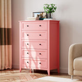 Garvee Pink 5 Drawer Dresser for Bedroom – Tall Modern Chest of Drawers, Deep Storage, Wooden Closet Organizer, Metal Knobs, Compact Clothes Storage for Nursery, Entryway, Living Room – Color: Pink - Pink