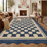 Garvee 9' x 12' Large Navy Checkered Easy Jute Area Rug, Scalloped Washable Non-Slip Low-Pile Rug for Living Room, Patio & Dining Room, Navy Blue - Navy Blue