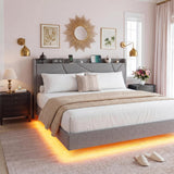 Garvee Queen Floating Bed Frame with RGB LED Lights & Charging Station - Upholstered Platform with Storage Headboard, Folding Shelves - Metal Slat Support, No Box Spring Needed - Color: QUEEN Grey - Gray