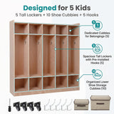 Garvee Versatile 2-Pack 5-Section Kids Coat Locker - 10 Cubbies - Wheeled Plywood Organizer with Hooks & Storage Boxes - For Daycare, Preschool, Home Entryway - Easy Assembly (5 large grids 10 small grids) Unglazed - CL01