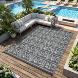 Garvee Waterproof Reversible Outdoor Rug - Boho Leaf Design - UV & Mark Resistant, Lightweight, Collapsible Plastic Patio Carpet with 4 Stakes & Storage Bag - Ideal for Camping, RV, Deck, Balcony, 9x12ft, Grey White - Gray & White