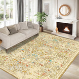 Garvee 5' × 7' Distressed Floral Area Rug, Soft Washable Low-Pile Polyester Carpet for Living Room, Bedroom and Dining Room, Beige/Camel - Beige Camel