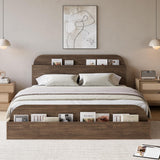 Garvee Queen Size Bed Frame, Wooden Beds with Storage Headboard and Raised-Foodboard, Queen-Floor Low Platform Bed for Bedroom, Sturdy Wooden Slats Support, No Box Spring Needed, Walnut - Walnut