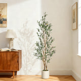 Garvee Olive Trees Artificial Indoor, 4FT Tall Faux Olive Tree with White Planter & Green Fake Moss, Artificial Plants with Natural Wood Trunk & Lifelike Fruits for Home Office Decor