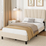 Garvee Twin Size Bed Frame with Adjustable Headboard, Linen Upholstered, Strong Wooden Slats, Noise-Free Design, Easy Assembly, Mattress Foundation, Bedroom - Beige