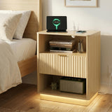 Garvee Modern Fluted bedside table with Charging Station & LED Light - Solid Wood Bedside Table with Drawer - Mid Century End Table - Natural Wood Color - US Standard - Natural Wood