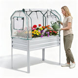 Garvee Elevated Raised Garden Bed, 48 x 24 x 56-Inch Galvanized Metal Planter with Greenhouse Cover, Bird Net and 4 Plant Signs for Patio Gardening, Silver