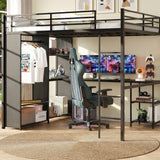 Garvee Queen Size Loft Bed Frame with Built-in Desk & LED Lights, Heavy-Duty Metal Loft Bed with Storage Shelves & Wardrobe for Dormitory, Ladder and Safety Guardrail, Nosie-Free, Black - Black