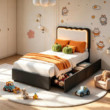 Garvee Bed Frame with LED Lights, Irregular Wave Upholstered Platform Bed with 2 Storage Drawers - Black