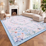 Garvee 5' × 7' Corner Floral Area Rug, Soft Washable Low-Pile Polyester Carpet for Living Room, Bedroom and Dining Room, Pink - Pink