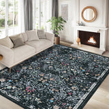 Garvee 6' × 9' Distressed Floral Area Rug, Soft Washable Low-Pile Polyester Carpet for Living Room, Bedroom and Dining Room, Black - Black