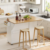 Garvee Spacious Rolling Kitchen Island Cart – 55" Wide Portable Prep Table – Collapsible Drop Leaf, Storage Cabinets, Spice Rack, Towel Bar, Knife Holder, 10-Gallon Trash Can Compartment – For Home Organization, White - White