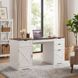 Garvee Executive Wooden Office Desk 59 Inch – 4 Storage Drawers, Keyboard Tray, Adjustable Shelves, Built-in Charging Station, Farmhouse Computer Desk for Home Office or Studio, White Brown Tabletop - White+Brown Tabletop