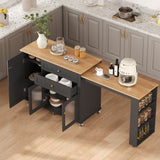 Garvee 78.3” Rolling Kitchen Island with Extendable Table, Storage Cabinet, Drawers & Shelves, White Modern Mobile Island Cart on Wheels, Farmhouse Wood Island Table for Kitchen, Dining Room, Home Bar - Black