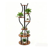 Garvee 57-Inch 7-Tier Plant Stand, Tall Metal Corner Plant Shelf with Wood-Look Shelves, Adjustable Feet and Anti-Tip Straps for Living Room, Balcony and Covered Patio, Black/Wood