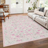 Garvee 10' × 13' Vintage Floral Border Area Rug, Machine Washable Non-Slip Low-Pile Stain-Resistant Rug for Living Room, Bedroom & Nursery, Pink - Pink