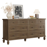 Garvee Vintage 8 Drawer Dresser - Wide Wood Chest with Tapered Legs and Carved Handles - Large Storage for Bedroom or Living Room - Distressed Finish - Oak Brown - Light Brown