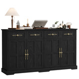 Garvee Modern 63" Black Buffet Sideboard – 4 Doors & 4 Drawers – Gold Handles – Freestanding Storage Cabinet for Dining Room, Kitchen, Entryway – Farmhouse Style Console Table – Black Wood Grain, 4 Doors 4 Drawers
