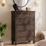 Garvee Vintage Tall 6 Drawer Dresser – Wooden Chest with Carved Handles & Tapered Legs – Large Bedroom Storage – Distressed Finish – Dark Brown - Dark Brown