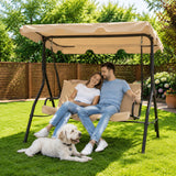 Garvee Outdoor Swing Chair for Patio & Backyard, 3-Seat Metal Frame Porch Swing with 500 lbs Capacity, Adjustable Canopy and Thick Cushions, Khaki