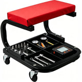 Garvee Heavy Duty Rolling Mechanic Creeper Seat – 250 lbs Capacity – Padded Garage Workshop Stool – Built-in Tool Tray – Comfortable & Durable, Black Red