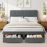Garvee Velvet Upholstered Platform Bed Frame with 2 Storage Drawers & Headboard – Full Size – Wooden Slat Support – No Box Spring Needed – Easy Assembly – Color: Gray, Size: F - Gray