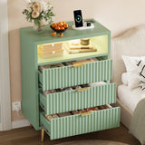 Garvee 3 Drawers Dresser for Bedroom, 28" w Wooden Dresser with LED Lights and Charging Station, Fluted Wood TV Stand with Gold Handle, Modern Chest of Dressers for Closet, Living Room, Hallway, Green - Green