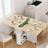 Garvee Folding Dining Table with Storage, Folding Kitchen Table with 6 Wheels, Drawer & Shelves, Compact Dining Table for Small Spaces - White+Wood