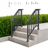 Garvee Adjustable Outdoor Wrought Iron Stair Handrail Kit – Black Railing with Balusters for 2-3 Steps – Durable, Easy DIY Mount for Concrete, Porch, Deck, or Wooden Stairs – 3-Step, 2 Pieces - Black